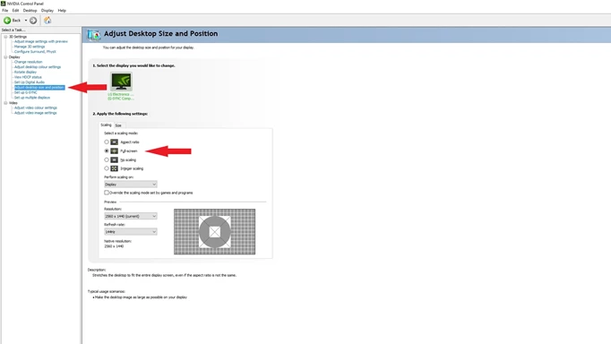 Screenshot of the NVIDIA Control Panel desktop size settings