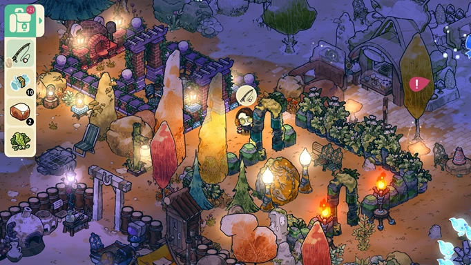 A player decorates their island at night in Cozy Grove