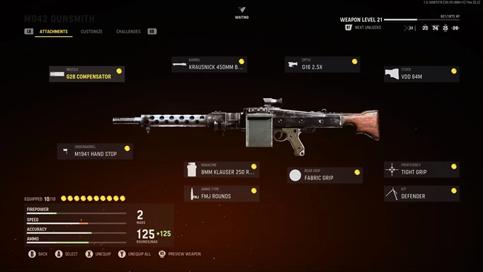A MG42 loadout with text of attachments.