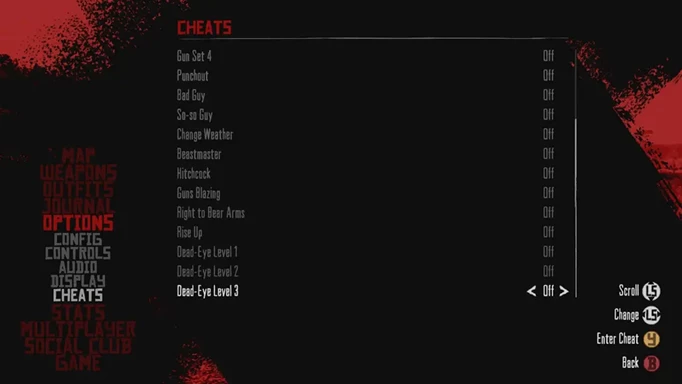 The cheat menu in Red Dead Redemption