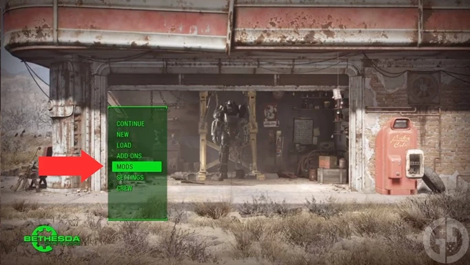 The starting menu of Fallout 4, where you can download mods on the console