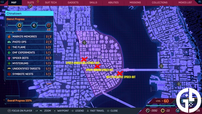 The Spider-Man 2 Spider-Bot locations map for Chinatown