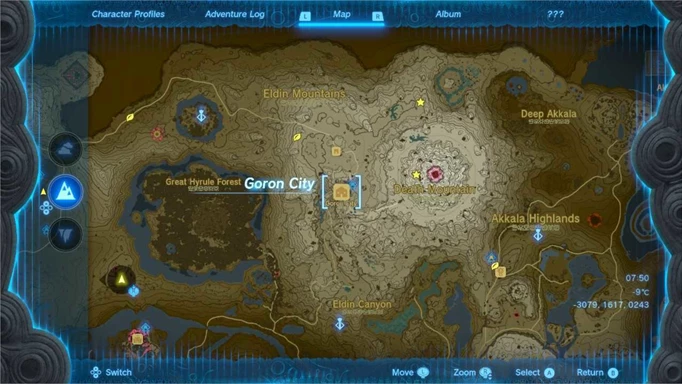Screenshot of the Goron City map location in Zelda: Tears of the Kingdom
