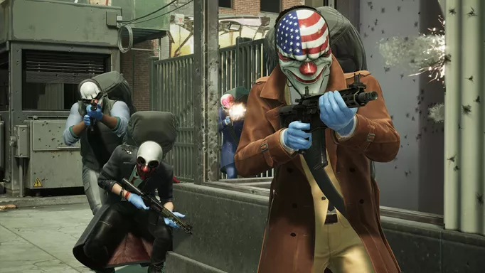 Screenshot of Dalls, Chains, Wolf and Hoxton under fire in PAYDAY 3
