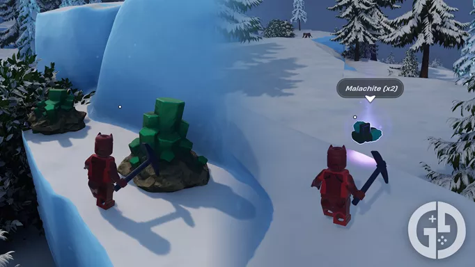 Finding and harvesting Malachite in the Frostlands in LEGO Fortnite
