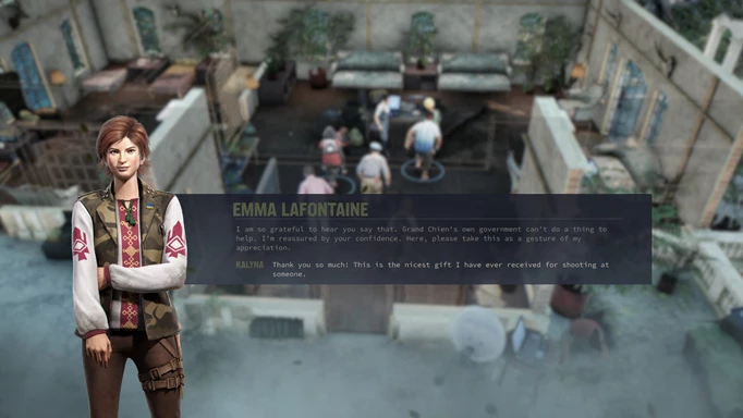 A gameplay screenshot from Jagged Alliance 3 showing dialogue between the mercenaries and Emma LaFontaine