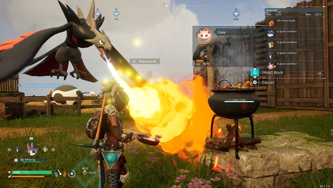 a flying pal cooking cake in a cooking pot by breathing fire onto it