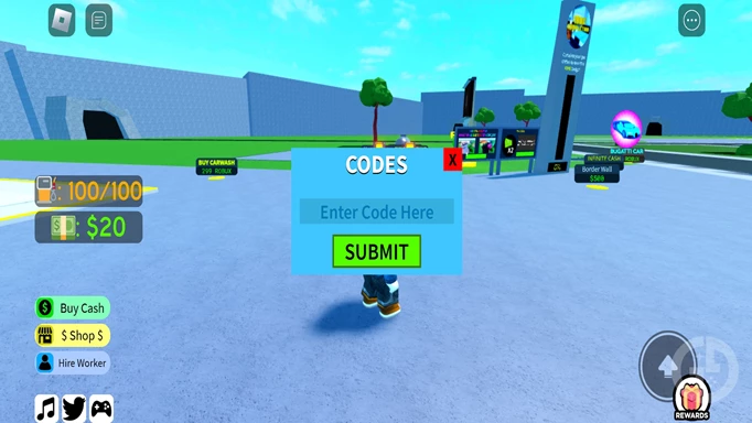 Gas Station Tycoon codes redeem screen