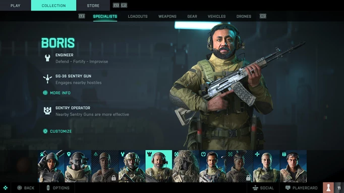 A soldier named Boris has his abilities listed on the left of him.