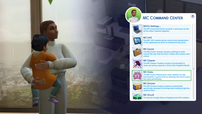Screenshot showing the MC Command Center mod menu in The Sims 4