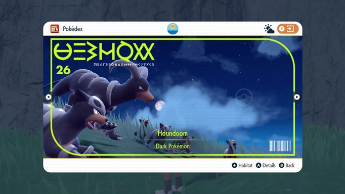 Pokedex screenshot of Houndoom in Pokemon Scarlet & Violet, one of the best counters for the Typhlosion raid