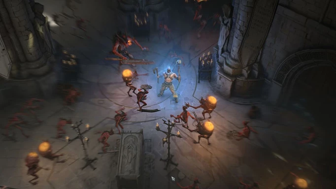 A Barbarian screaming while surrounded by demons in Diablo 4