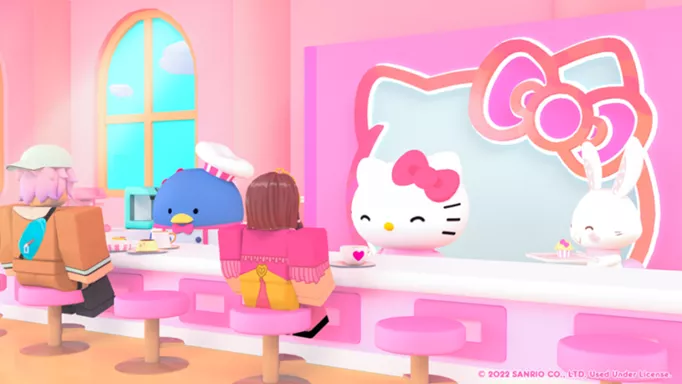 Kitty and Friends enjoy themselves in a cafe in Hello Kitty Island Adventures
