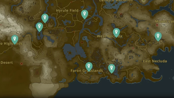 The southern half of the map of Hyrule, showing the locations of each stable