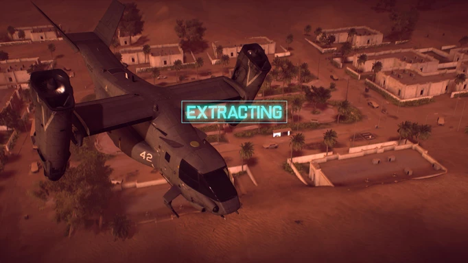A flying vehicle leaves a sandy town as the word extract appears on screen.