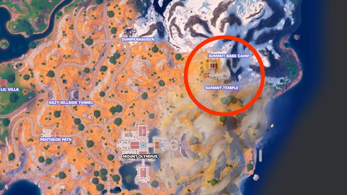 The location of Summit Temple and Camp marked on the map