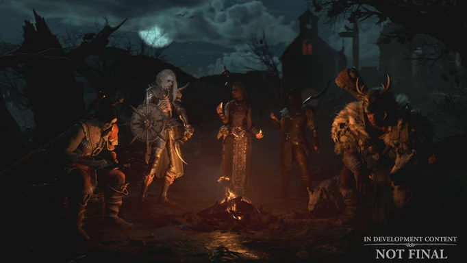Diablo 4 characters standing around a campfire