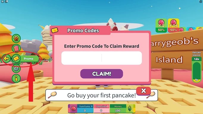Screenshot showing you how to redeem Pancake Empire Tower Tycoon codes