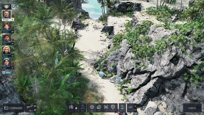 A gameplay screenshot of Jagged Alliance 3, where the squad is approaching an enemy camp
