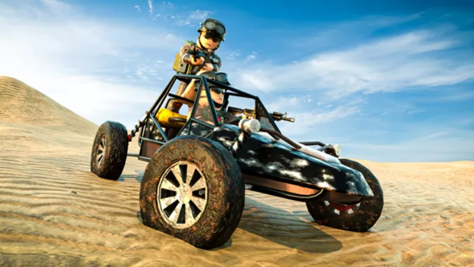 Base Battles key art on Roblox featuring a dune buggy