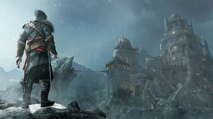 Ezio looking at Masyaf Castle from afar in Assassins Creed Revelations