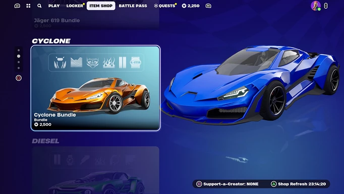 A car in the Fortnite Rocket Racing shop