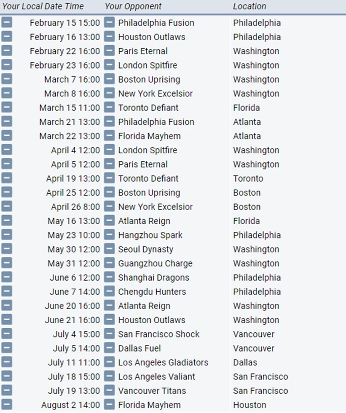 Washington Justice 2020 Overwatch League Fixtures