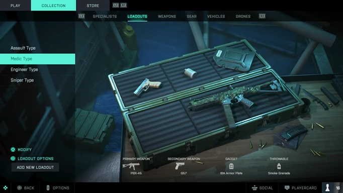 A medic loadout is shown with an SMG on a crate.