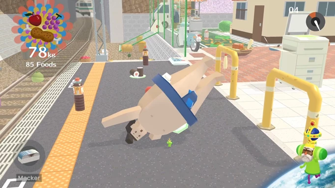 Screenshot of rolling a sumo wrestler in We Love Katamari Reroll