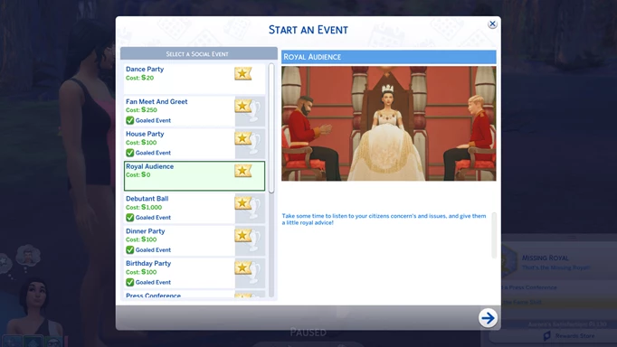 The Sims 4 Royalty Mod, royal audience event