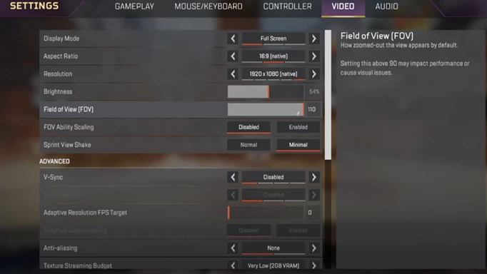 The FOV settings for Apex Legends