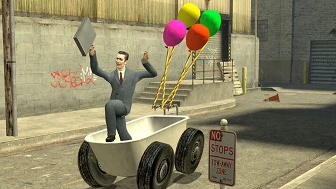 GMan rides a bath propelled by balloons in the original key art for Garry's Mod.