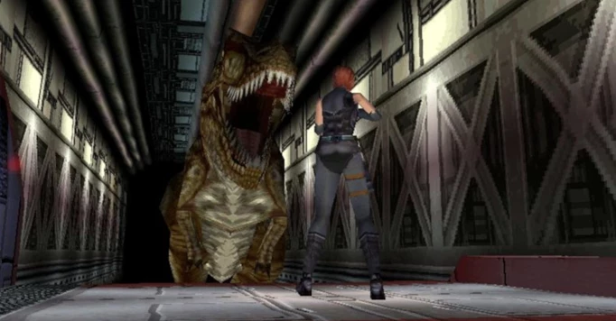 A fighter being chased by a T-Rex in Dino Crisis.