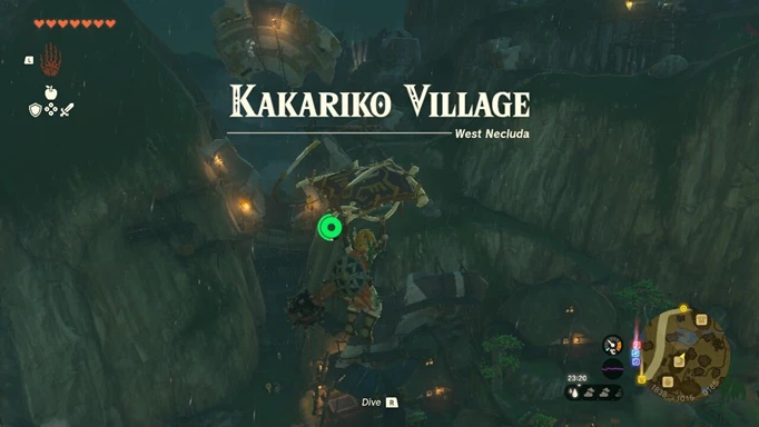 Image shows Link gliding into Kakariko Village in Zelda: Tears of the Kingdom