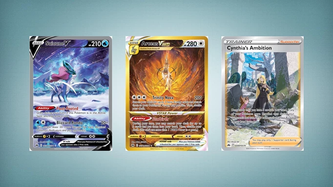 Suicune V, golden Arceus VSTAR and Cynthia's Ambition from Crown Zenith.