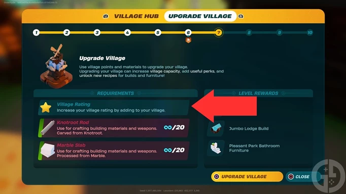 The Village Rating description in LEGO Fortnite