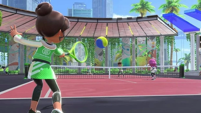 A Sportsmate swings at a ball in Nintendo Switch Sports tennis.