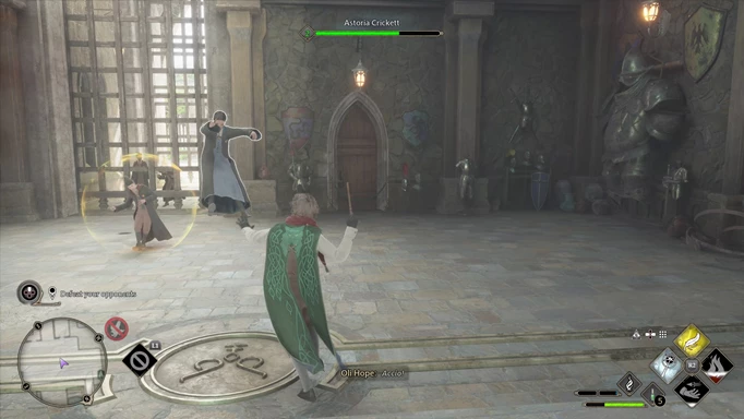 A fight at the duelling club in Hogwarts Legacy
