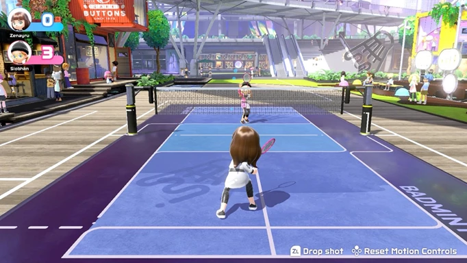 Instructions on how to drop a shot in Nintendo Switch Sports Badminton.