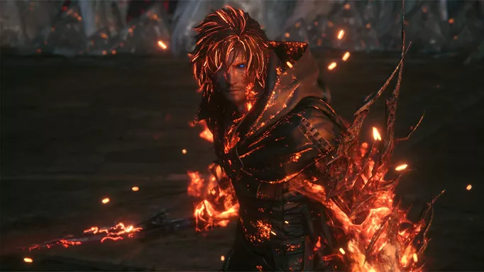 Final Fantasy 16's Clive, wrapped in fire.
