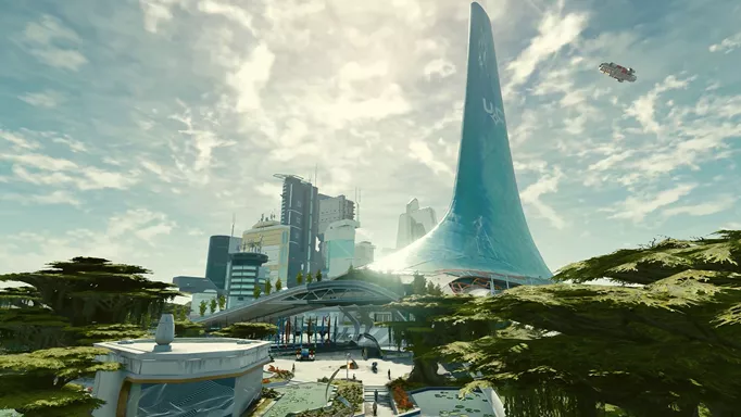 Promo image of Starfield showing the New Atlantis city