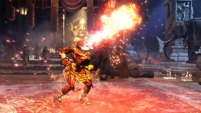 Image shows Dhalsim breathing via in a temple in Street Fighter 6