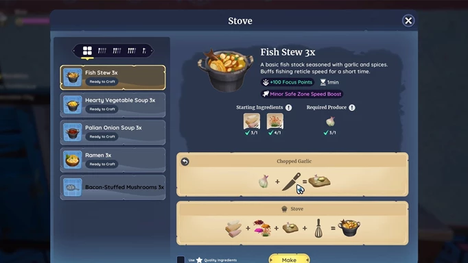 Screenshot of the Fish Stew recipe in Palia
