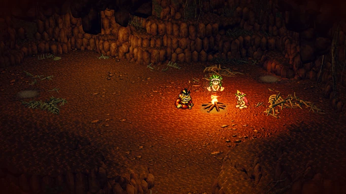 Screenshot of Live A Live with three characters sat around a campfire in a cave