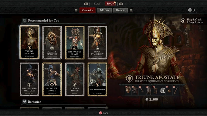 Screenshot showing the 'Recommended For You' section of Diablo 4 item shop