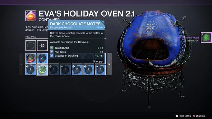 The Dawning Destiny 2 ingredients are need to bake treats in your Holiday Oven 2.1.