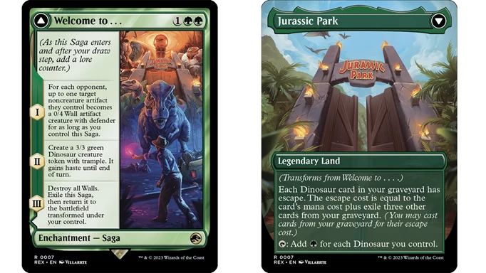 Welcome to Jurassic Park two-sided card from Magic The Gathering Lost Caverns of Ixalan Set