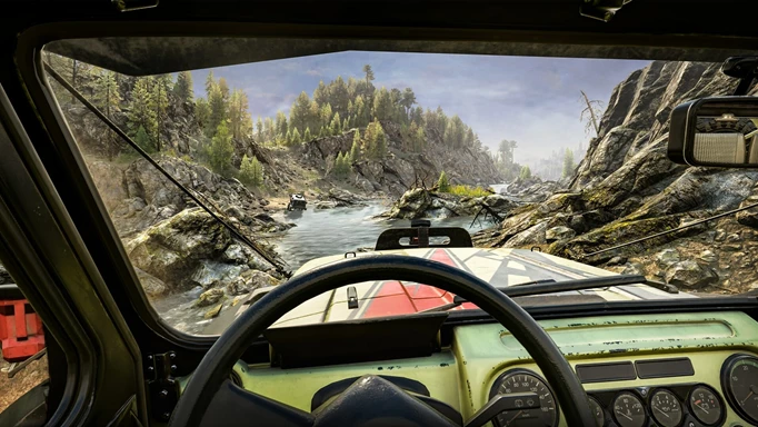 Image of driving in first person in Expeditions: A Mudrunner Game