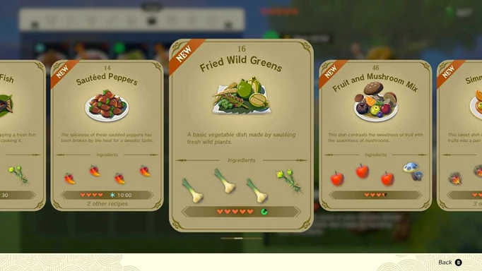 A recipe card showing the ingredients to make Fried Wild Greens in Zelda: Tears of the Kingdom
