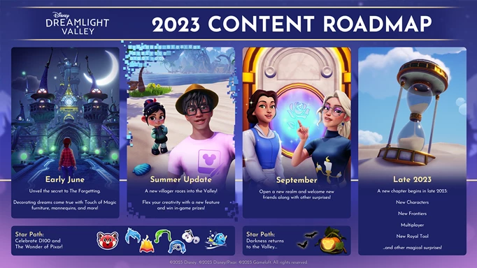 The 2023 content roadmap for Disney Dreamlight Valley, showing update 5 and more
